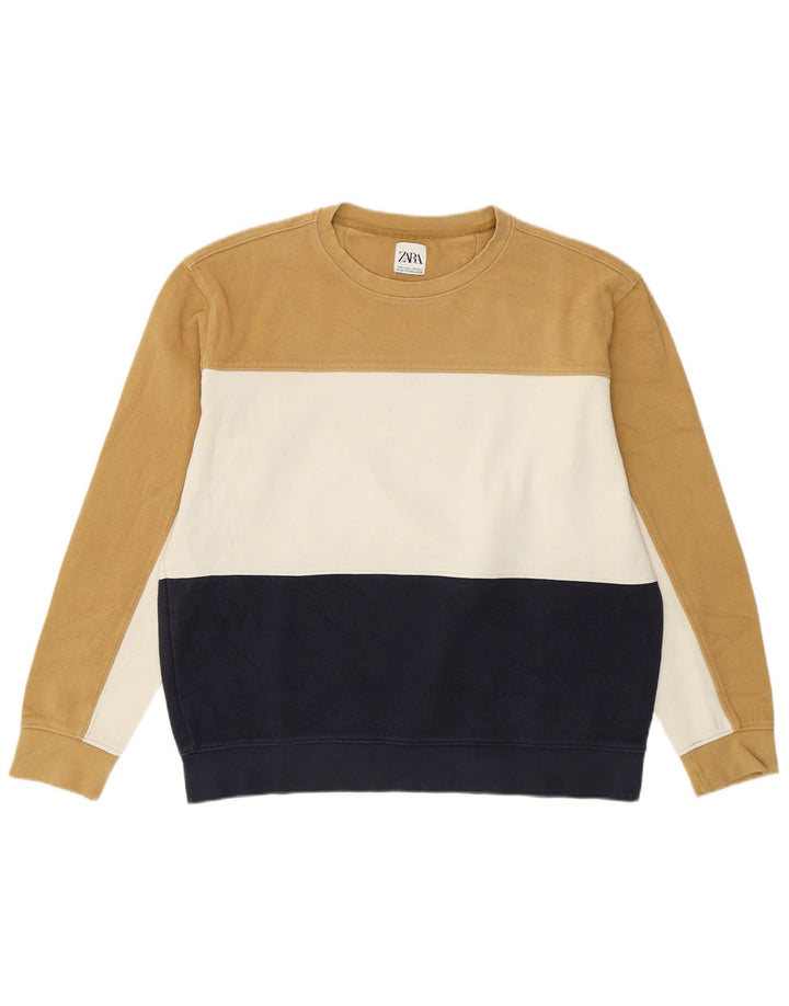 Zara Herren-Sweatshirt-Pullover, groß, beige, Colourblock-Baumwolle