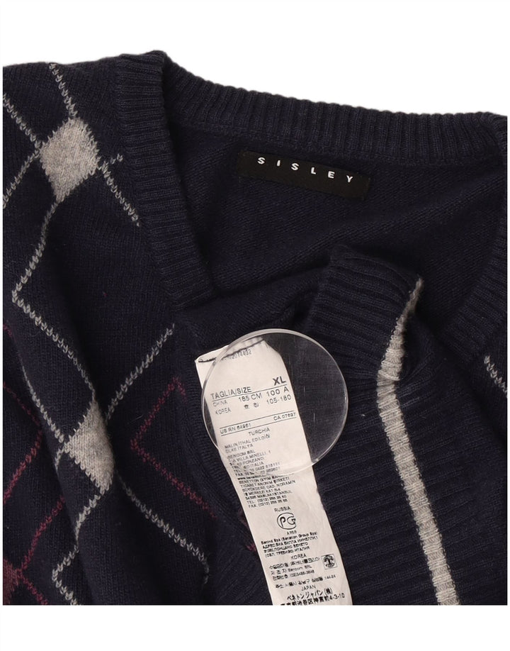 Sisley Herren-Pullover mit V-Ausschnitt, XL, Marineblau, Argyle-/Diamantwolle