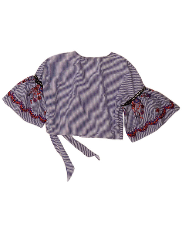 Topshop Damen Crop 3/4 Sleeve Wrap Shirt Bluse UK 14 Large Blau gestreift