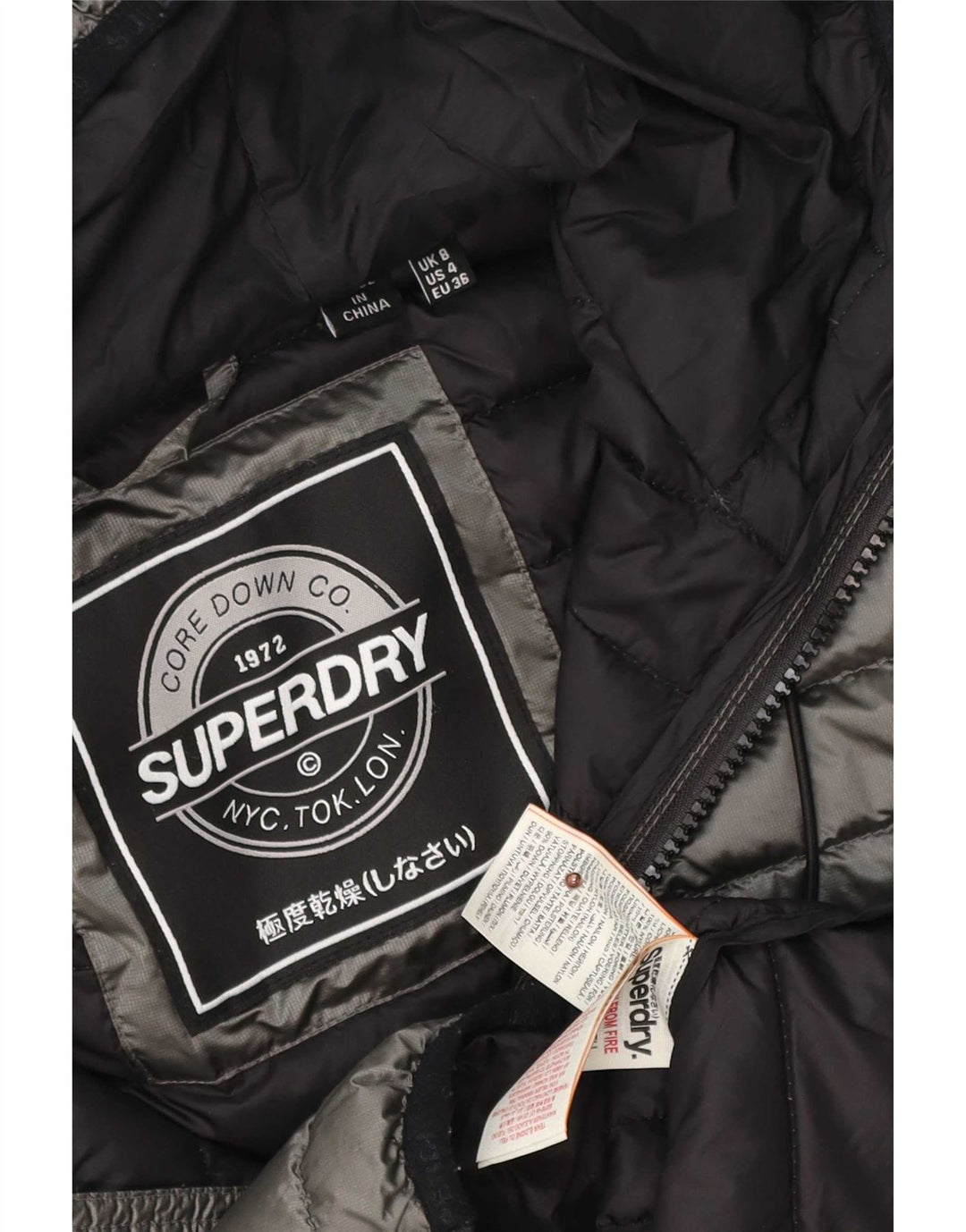 Superdry Wattierte Damenjacke mit Kapuze, UK 8, Größe S, Grau, Polyester