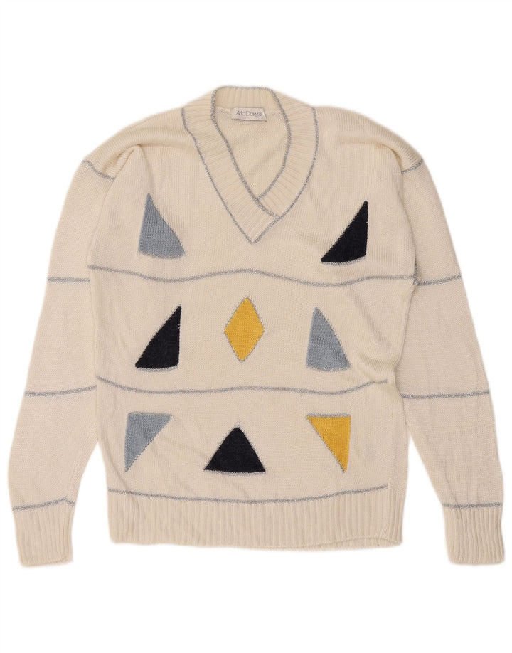 Mc. Dowell Damen-Pullover mit V-Ausschnitt, Größe 46, groß, weiße, geometrische Viskose