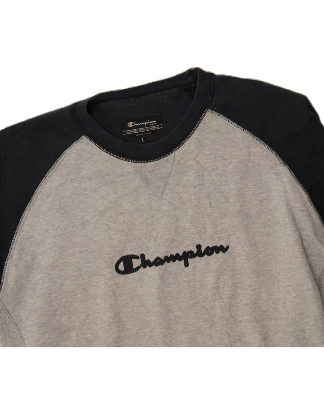 CHAMPION Womens Graphic Sweatshirt Jumper UK 16 Large Grey Colourblock Vintage Champion and Second-Hand Champion from Messina Hembry 