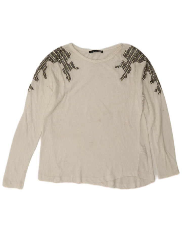 Zara Damen Top Langarm UK 10 Small Weiße Baumwolle