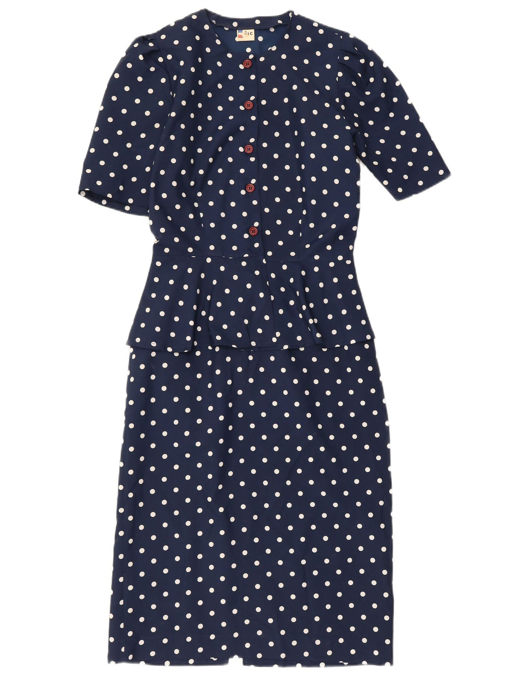 Vintage Damen Schößchenkleid IT 42 Medium Marineblau Polka Dot Polyester