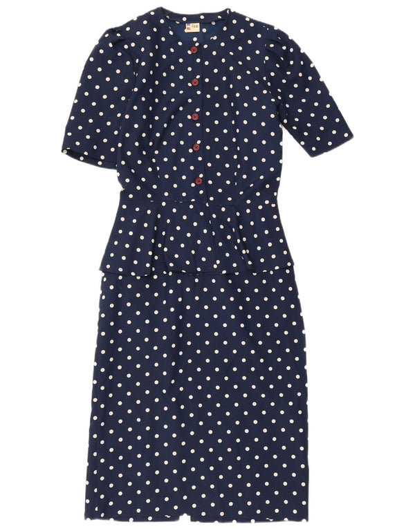 Vintage Damen Schößchenkleid IT 42 Medium Marineblau Polka Dot Polyester