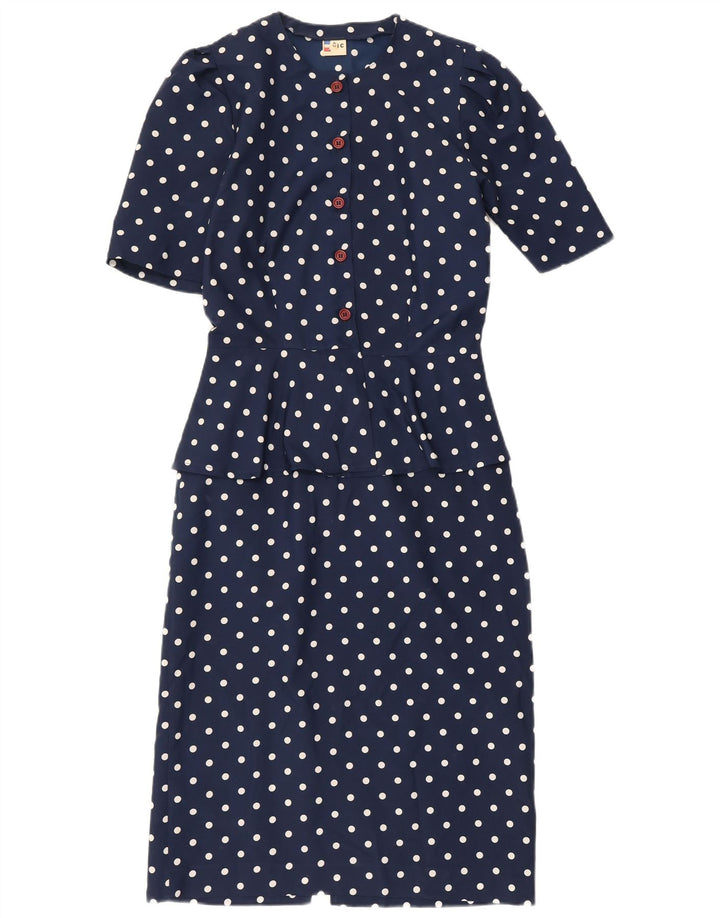 Vintage Damen Schößchenkleid IT 42 Medium Marineblau Polka Dot Polyester