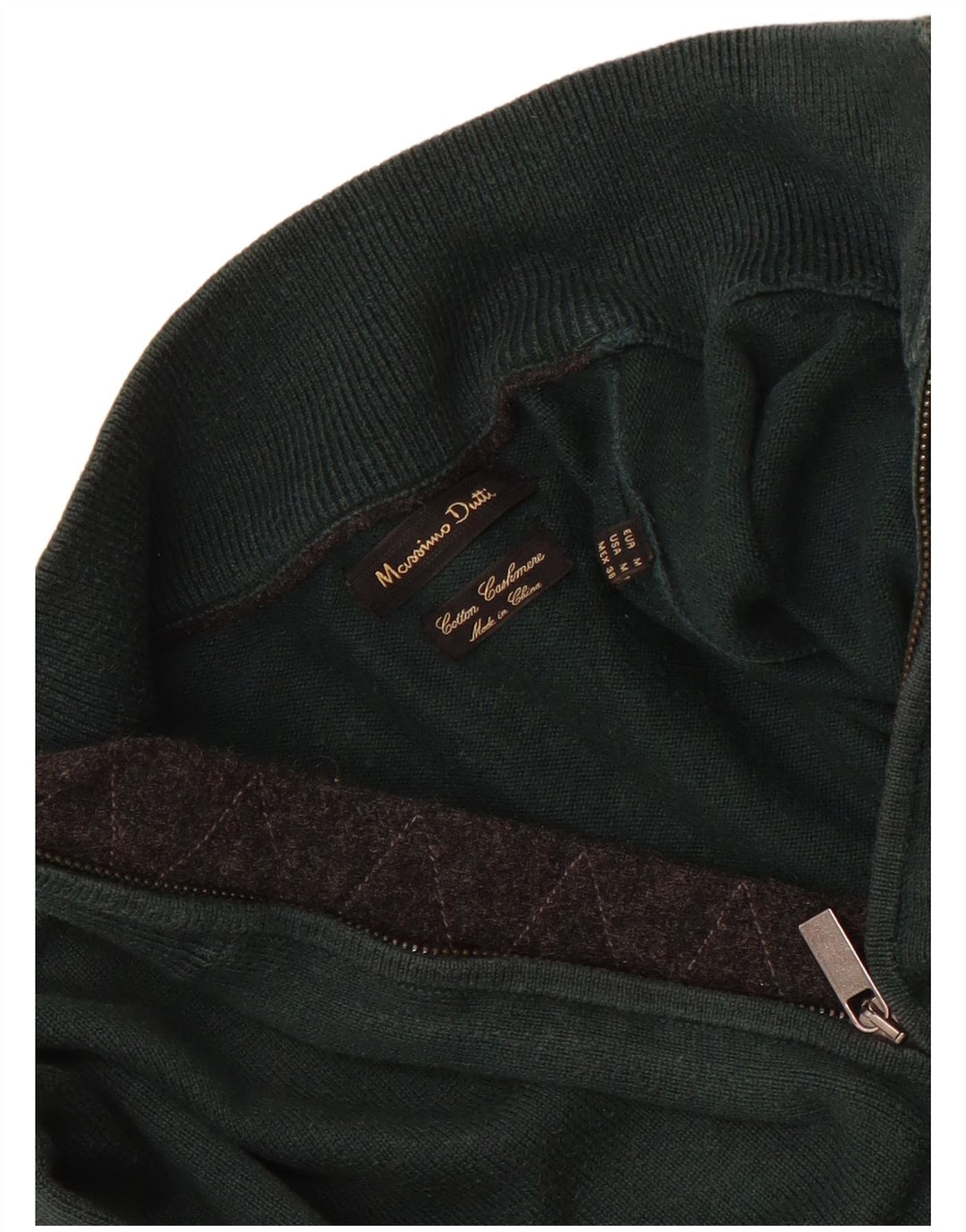 Massimo Dutti Herren-Pullover mit Reißverschluss am Hals, mittelgrüne Baumwolle