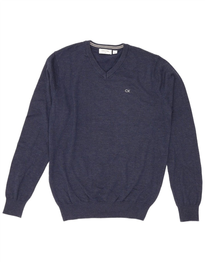 Calvin Klein Herren Golf-Pullover mit V-Ausschnitt aus mittelblauer Baumwolle