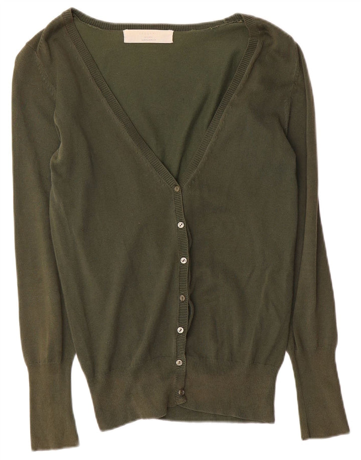 Zara Damen-Cardigan-Pullover UK 12 Medium Khaki Baumwolle