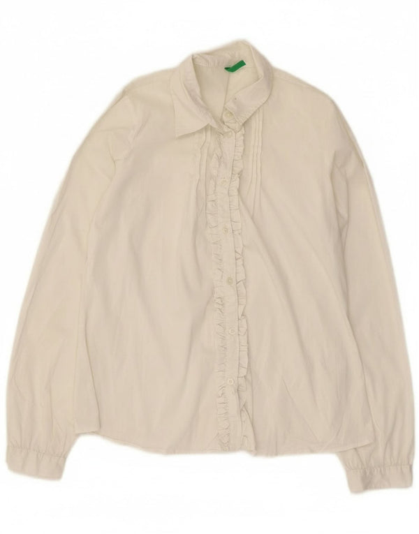 Benetton Mädchen-Hemd mit Rüschen vorne, 11–12 Jahre, 2XL, weiße Baumwolle