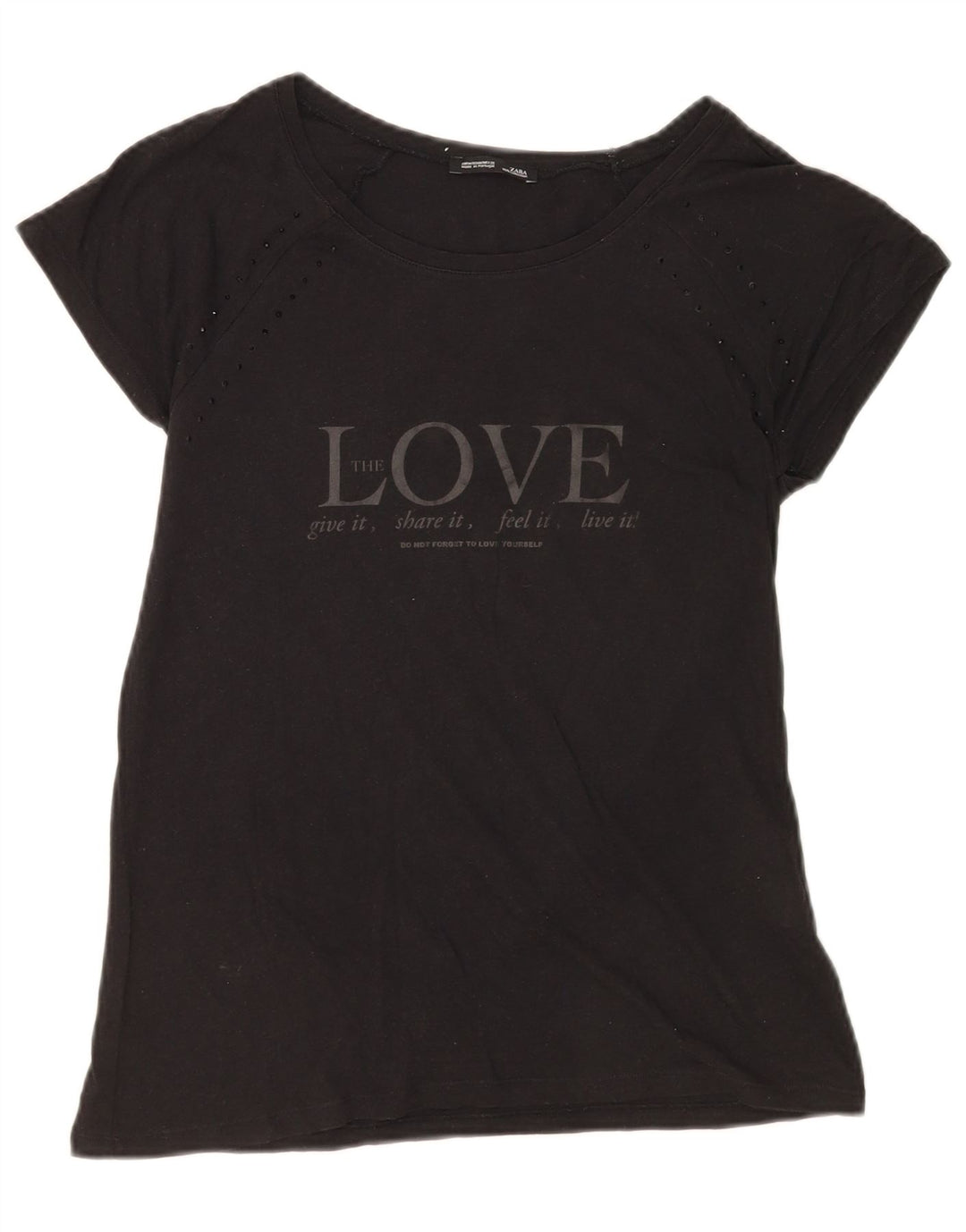 Zara Damen Grafik-T-Shirt-Oberteil UK 12 Mittelschwarze Baumwolle