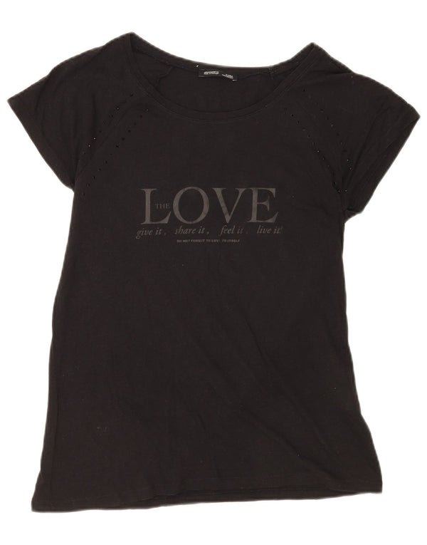 Zara Damen Grafik-T-Shirt-Oberteil UK 12 Mittelschwarze Baumwolle