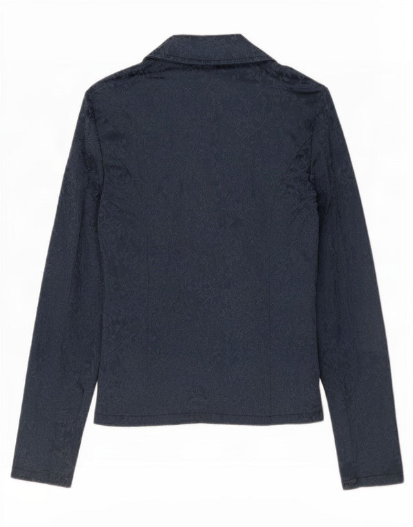 Vintage Damen 3-Knopf-Blazerjacke UK 6 XS Marineblau geblümte Viskose