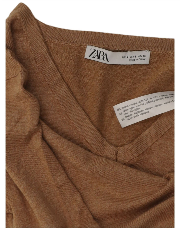 Zara Damen-Pullover mit V-Ausschnitt, Gr. 10, Größe S, braune Viskose