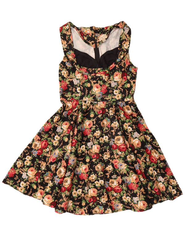 Lindy Bop Ärmelloses Swing-Kleid für Damen, UK 18, XL, Schwarz, Blumenmuster, Baumwolle