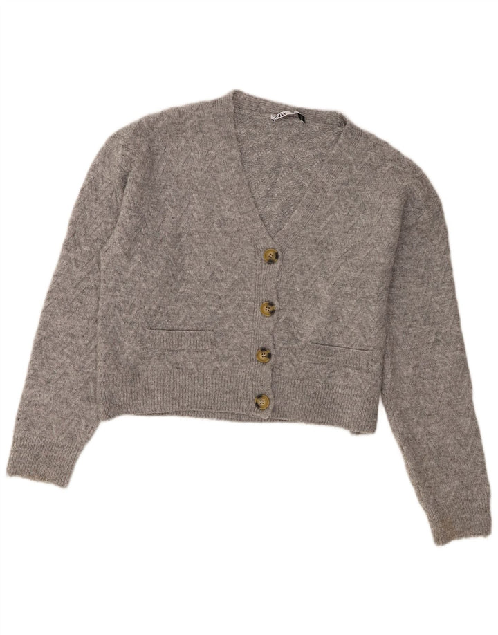 Zara Damen Crop Cardigan Pullover UK 14 Mittelgraues Acryl