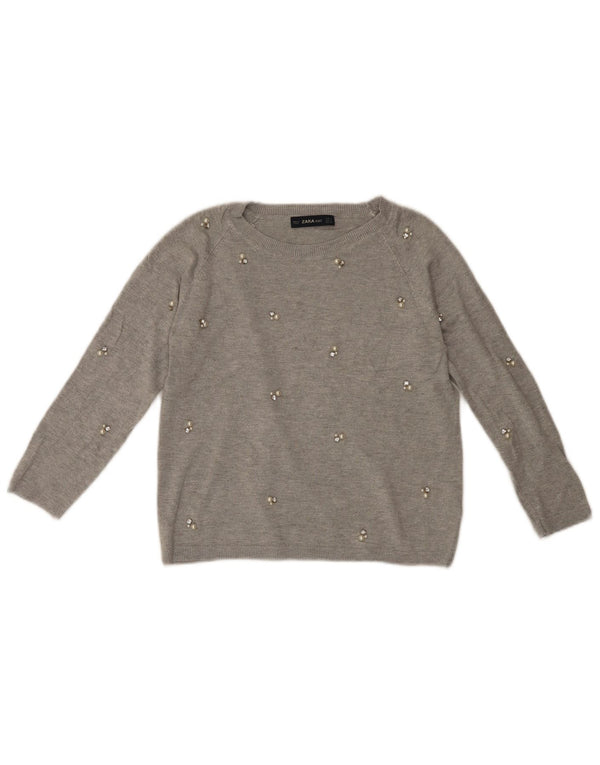 ZARA Damen-Pullover mit 3/4-Ärmeln und U-Boot-Ausschnitt, Gr. 10, Größe S, graue Viskose