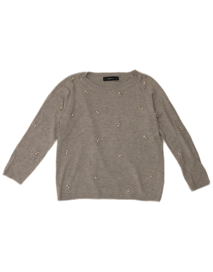 ZARA Damen-Pullover mit 3/4-Ärmeln und U-Boot-Ausschnitt, Gr. 10, Größe S, graue Viskose