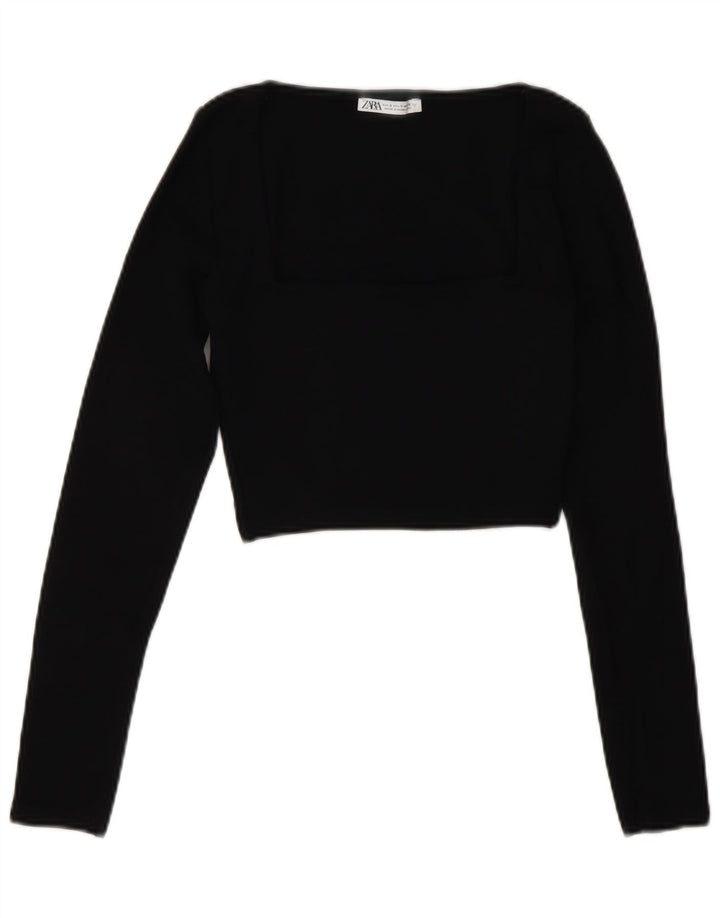 Zara Damen Crop Top Langarm UK 8 Small Schwarze Baumwolle
