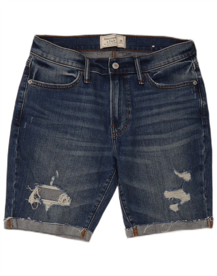 Abercrombie & Fitch Damen-Jeansshorts im Distressed-Look, W30, mittelblaue Baumwolle