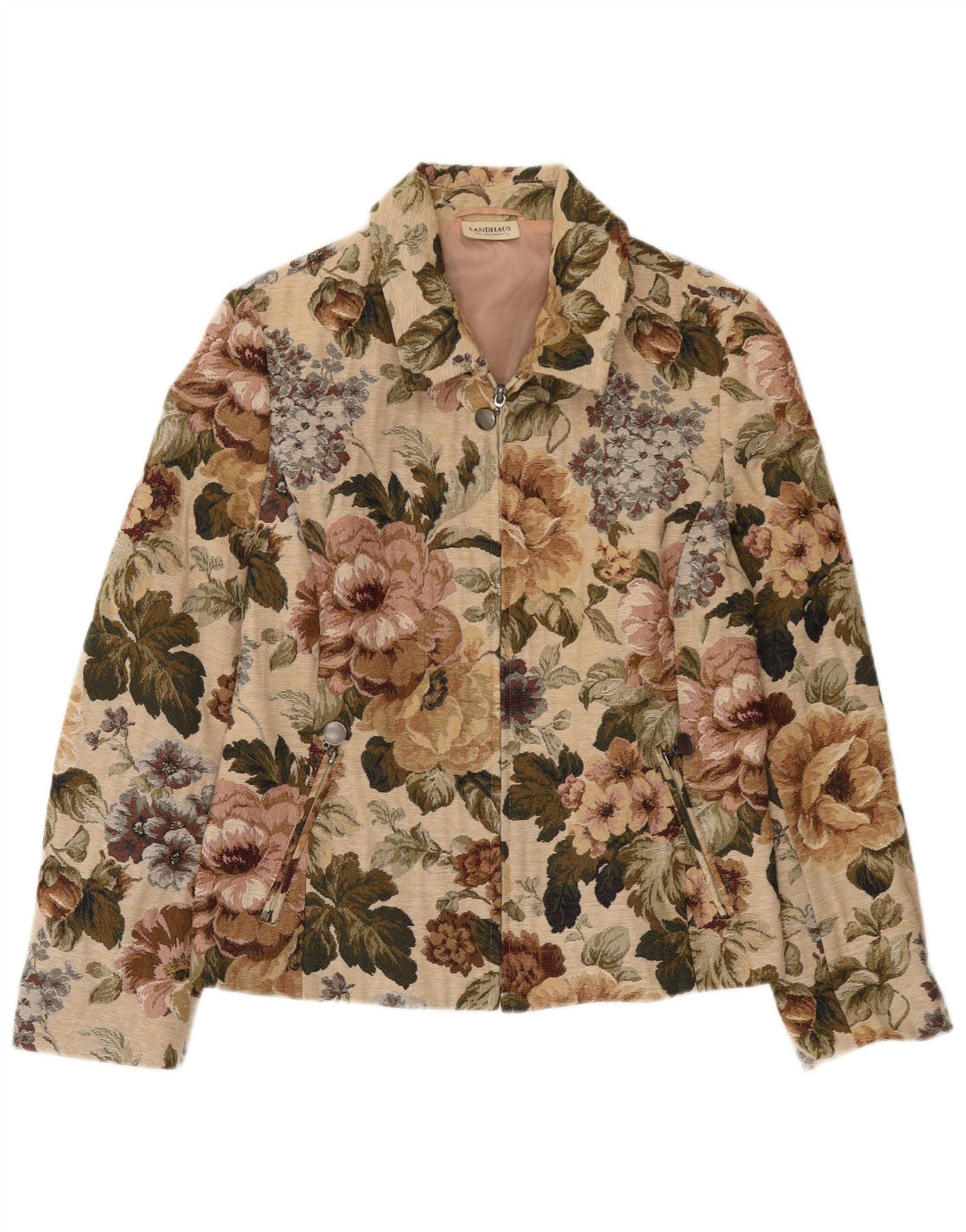 Landhaus Damen-Blazer mit durchgehendem Reißverschluss, EU 40, Mittelbeige, geblümtes Polyester