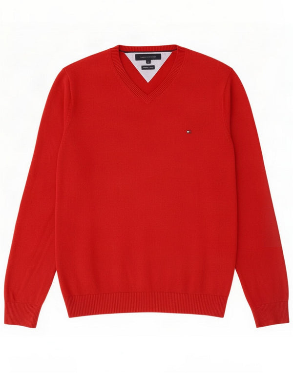 Tommy Hilfiger Herren-Pullover mit V-Ausschnitt aus mittelroter Baumwolle