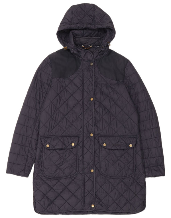 Barbour Womens Hooded Quilted Overcoat UK 14 Large Navy Blue Polyamid