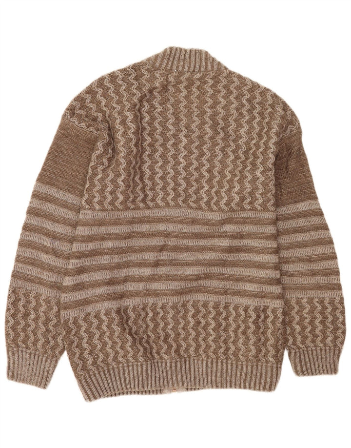 Vintage Herren-Cardigan mit Grafik, groß, braun, Patchwork-Wolle