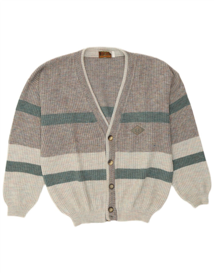 Island-Herren-Cardigan-Pullover IT 52 Große grau gestreifte Wolle