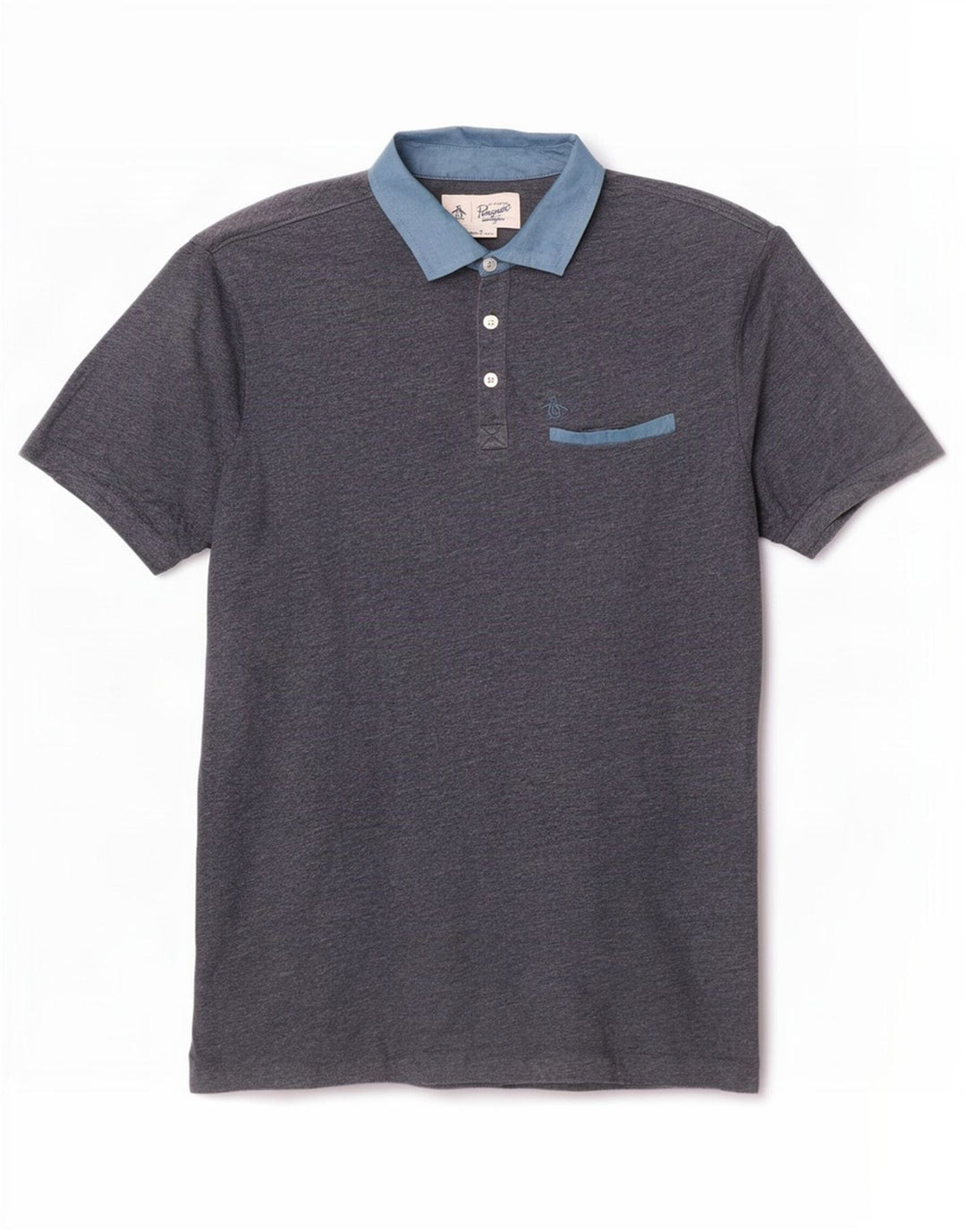 Penguin Herren-Poloshirt aus mittelblauer, marineblauer Colourblock-Baumwolle