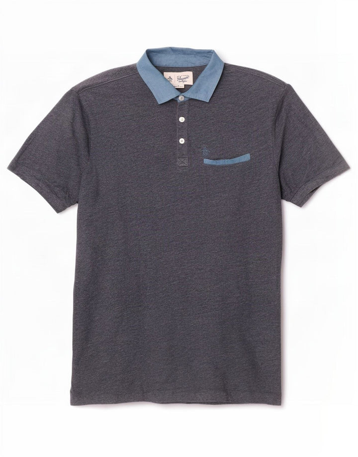 Penguin Herren-Poloshirt aus mittelblauer, marineblauer Colourblock-Baumwolle
