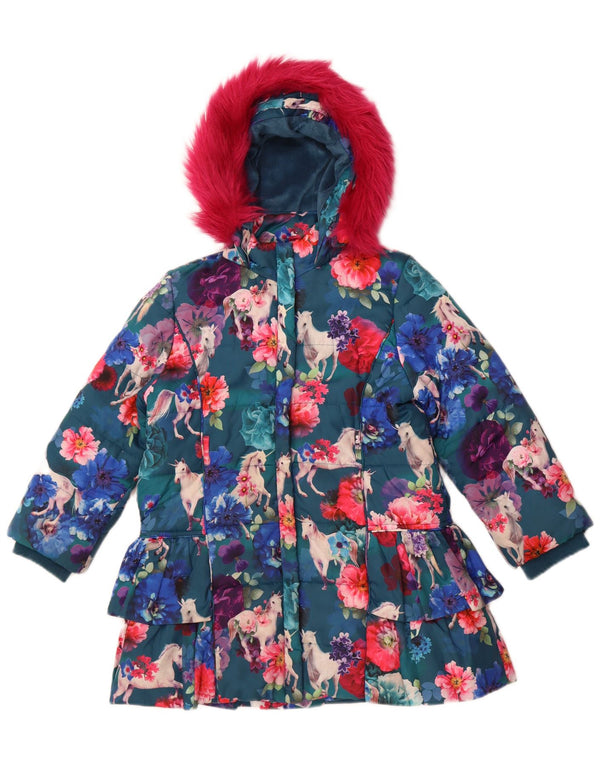 Monsoon Wattierter Mantel für Mädchen mit Kapuze, 7–8 Jahre, blau geblümt, Polyester