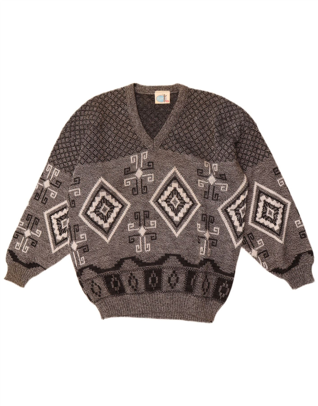 Vintage Herren Pullover mit V-Ausschnitt, groß, grau, geometrisch, Acryl