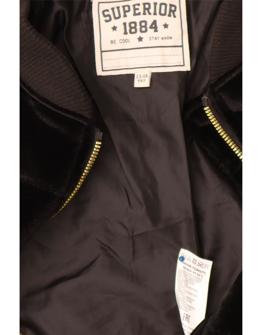 Hochwertige wattierte Veloursjacke für Mädchen, 13–14 Jahre, aus schwarzem Polyester