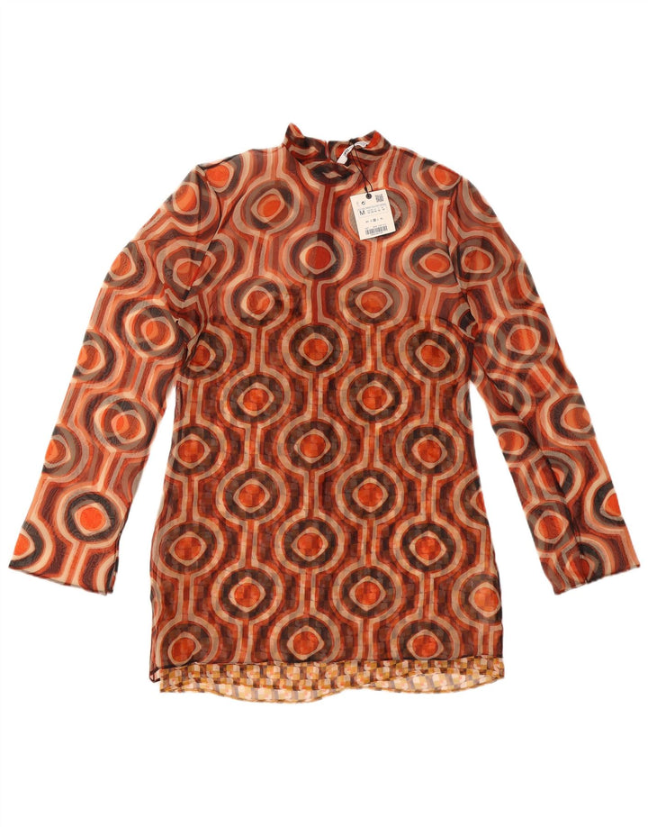 Zara Damen Langarm-Tunika-Oberteil UK 12 Mittelbraunes geometrisches Polyester