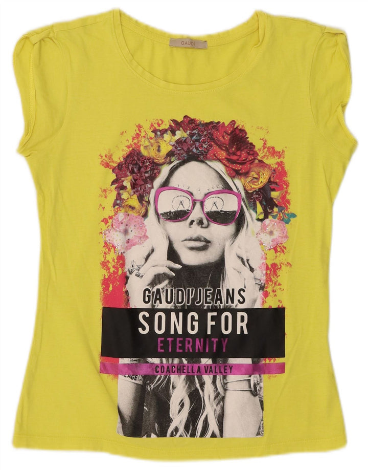 Gaudi Damen Grafik-T-Shirt-Oberteil, klein, gelbe Baumwolle
