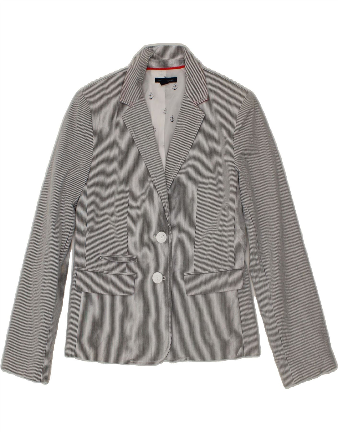 TOMMY HILFIGER Womens 2 Button Blazer Jacket US 2 XS Grey Pinstripe Cotton Vintage Tommy Hilfiger and Second-Hand Tommy Hilfiger from Messina Hembry 