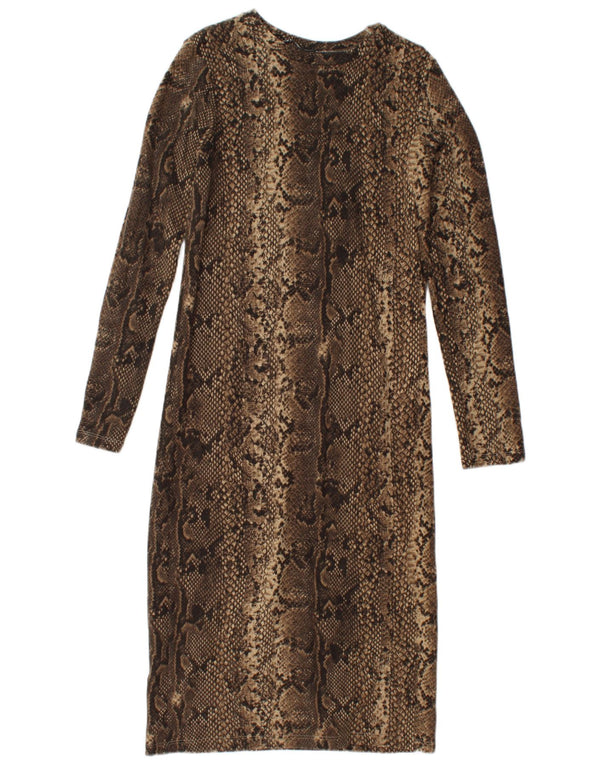 Langärmliges, figurbetontes Kleid von Zara für Damen, UK 12, Mittelbraun mit Tiermuster