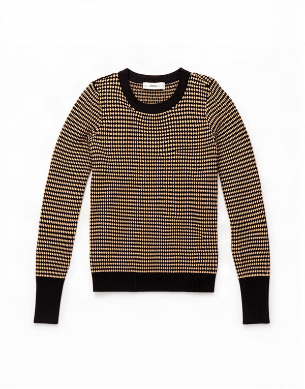 Zara Womens Crop Boat Neck Jumper Sweater UK 12 Medium Brown Spotted