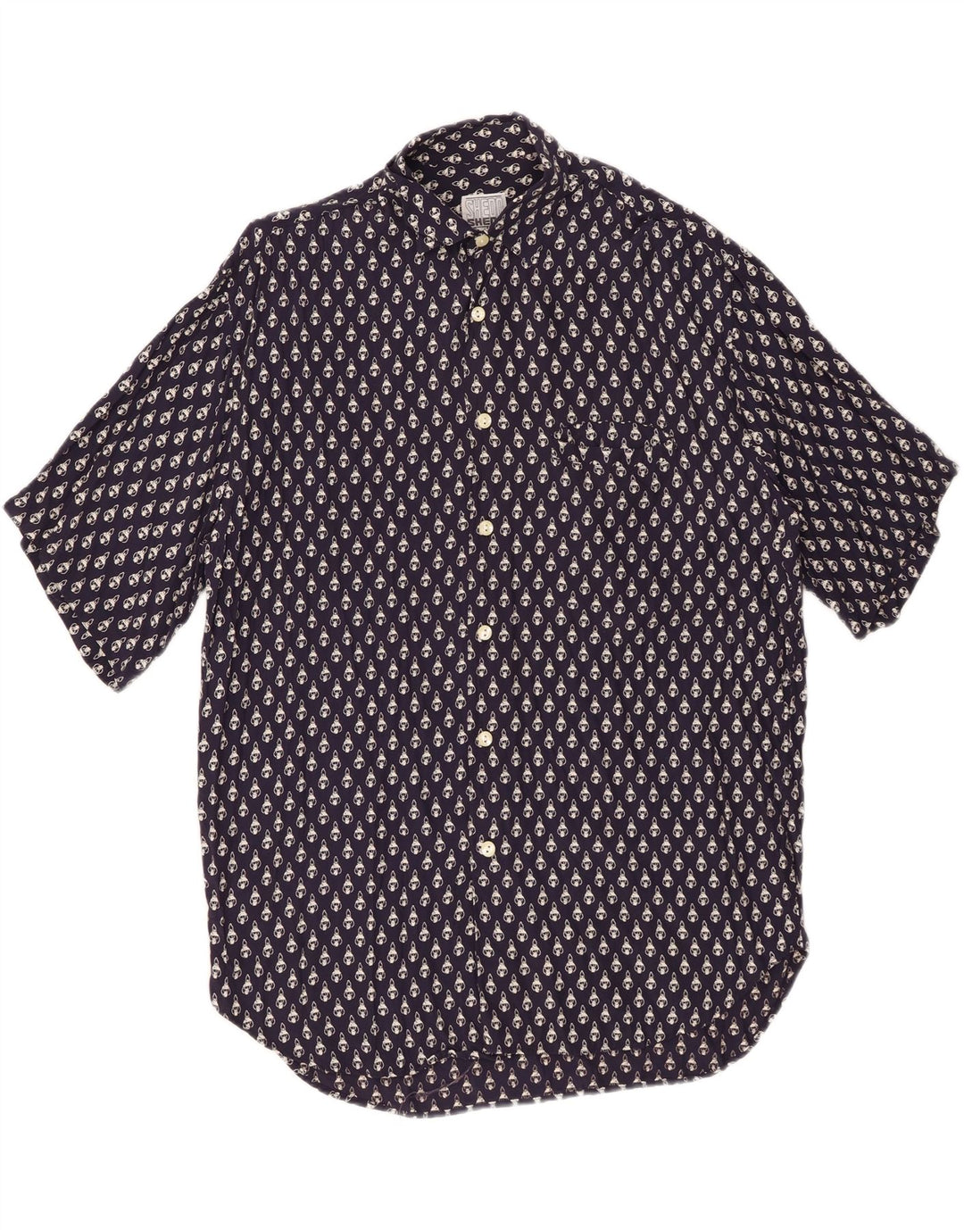 VINTAGE Herren-Kurzarmhemd mit abstraktem Muster, mittlere marineblaue Viskose