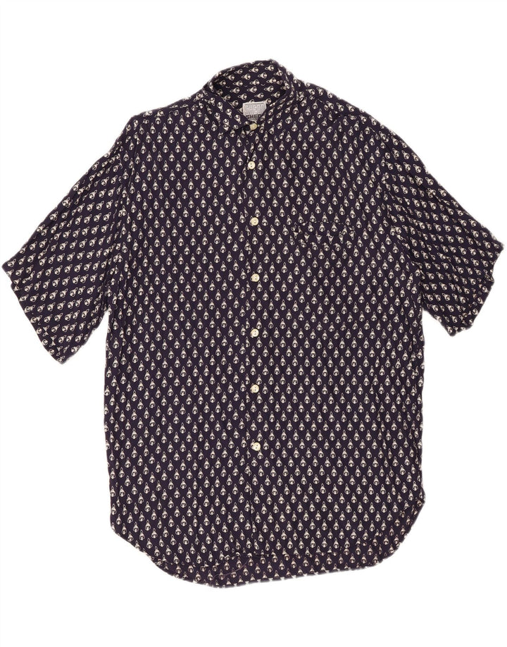 VINTAGE Herren-Kurzarmhemd mit abstraktem Muster, mittlere marineblaue Viskose