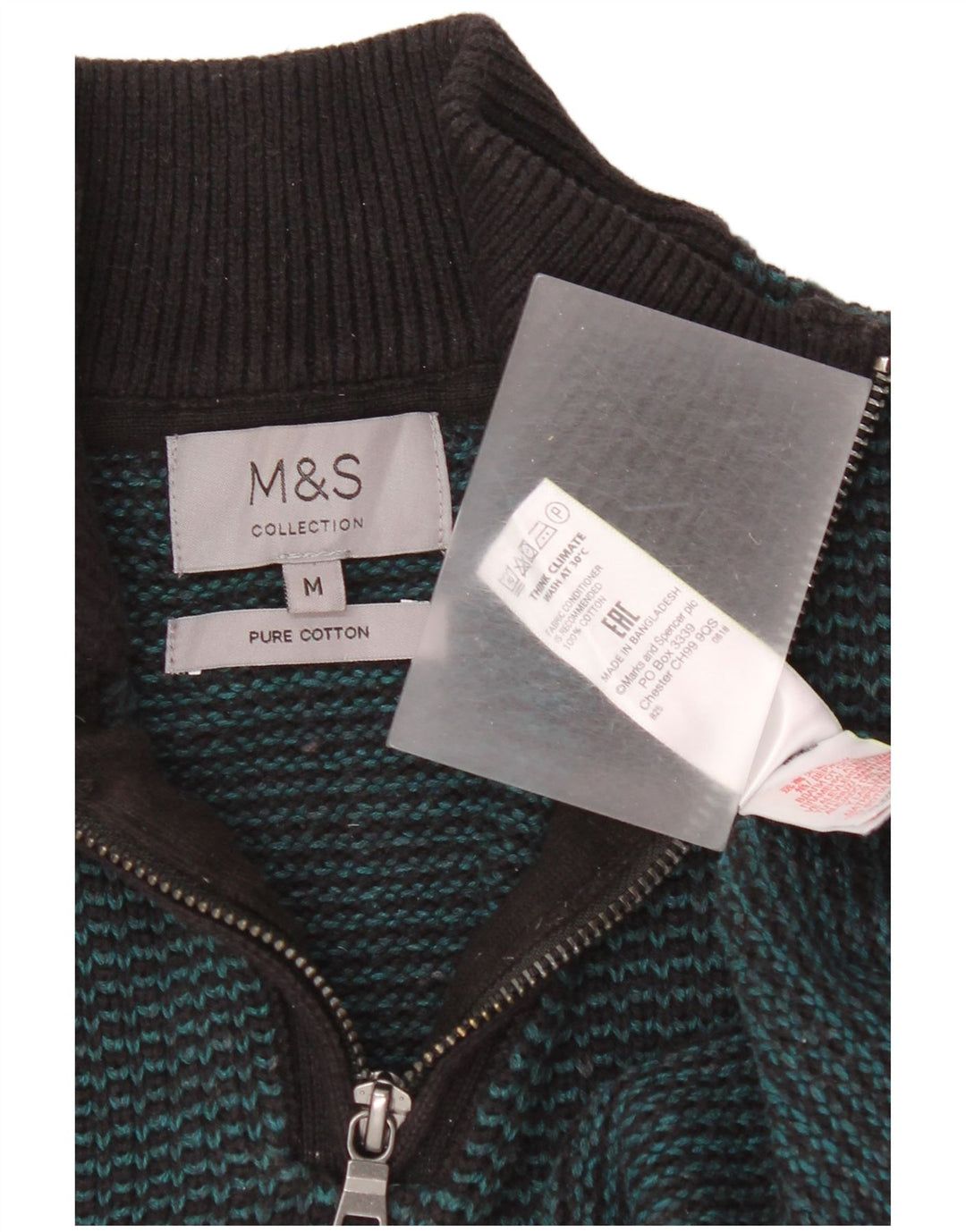 Marks & Spencer Herren-Pullover mit Reißverschluss am Hals, mittelgrün gestreifte Baumwolle