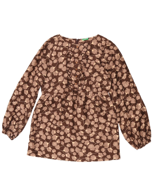 Benetton Damen-Blusenoberteil mit langen Ärmeln, Gr. 10, Größe S, braun, geblümt, Seide
