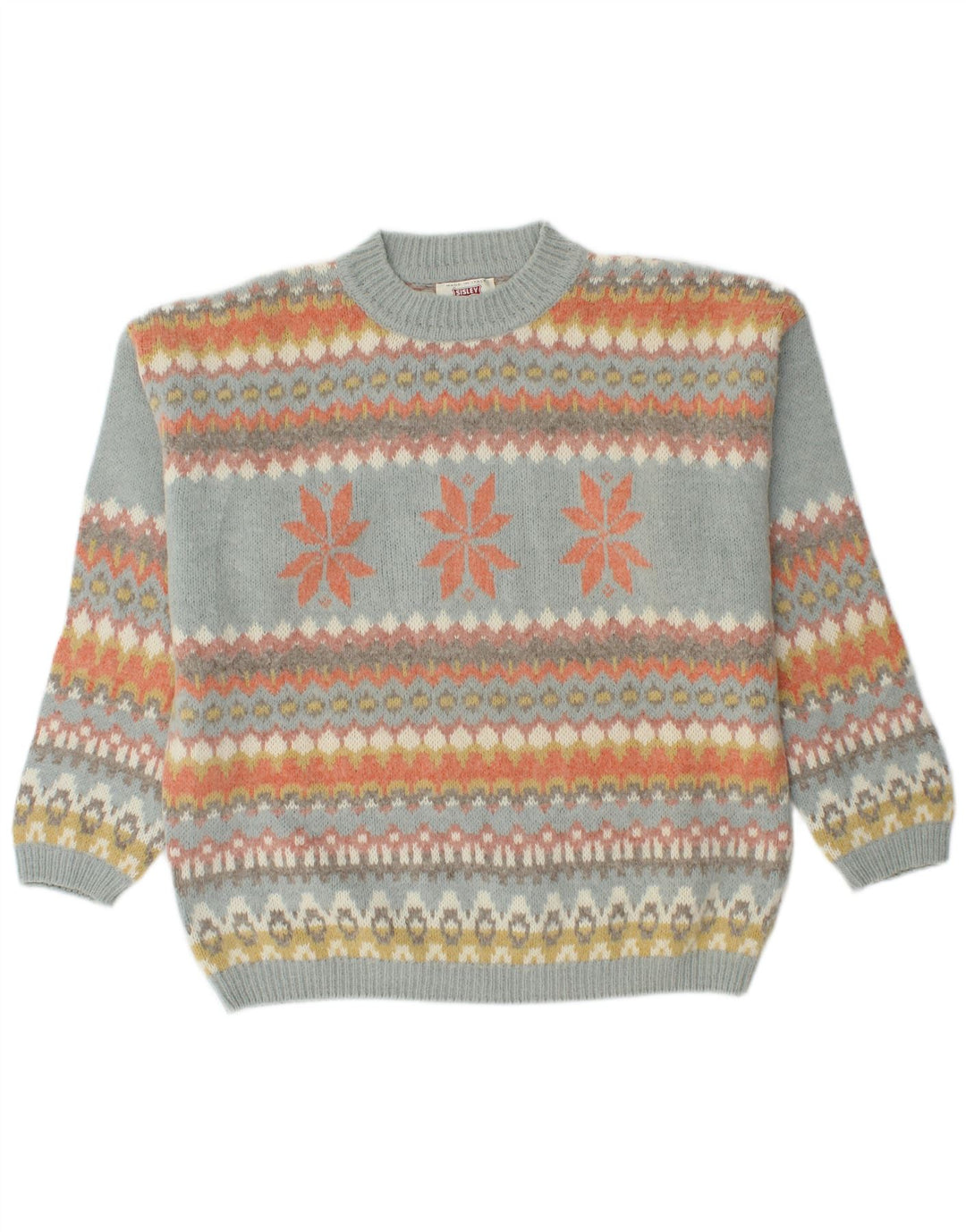 Sisley Herren-Pullover mit Rundhalsausschnitt, mittelgroße, mehrfarbige Fair-Isle-Wolle