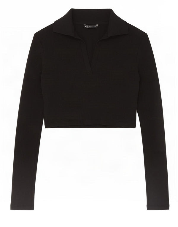 Zara Damen Crop Langarm-Poloshirt UK 12 Mittelschwarze Baumwolle