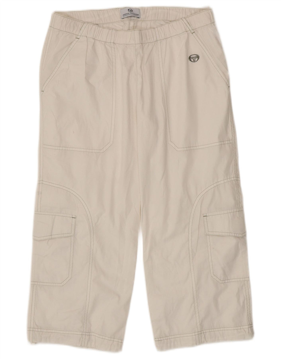 Sergio Tacchini Damen Capri-Cargohose, Größe S, W27, L20, weiße Baumwolle