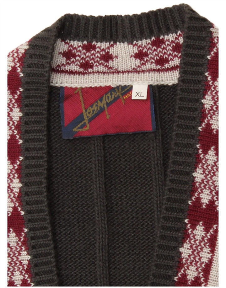 Vintage Herren Grafischer Cardigan Pullover XL Grau