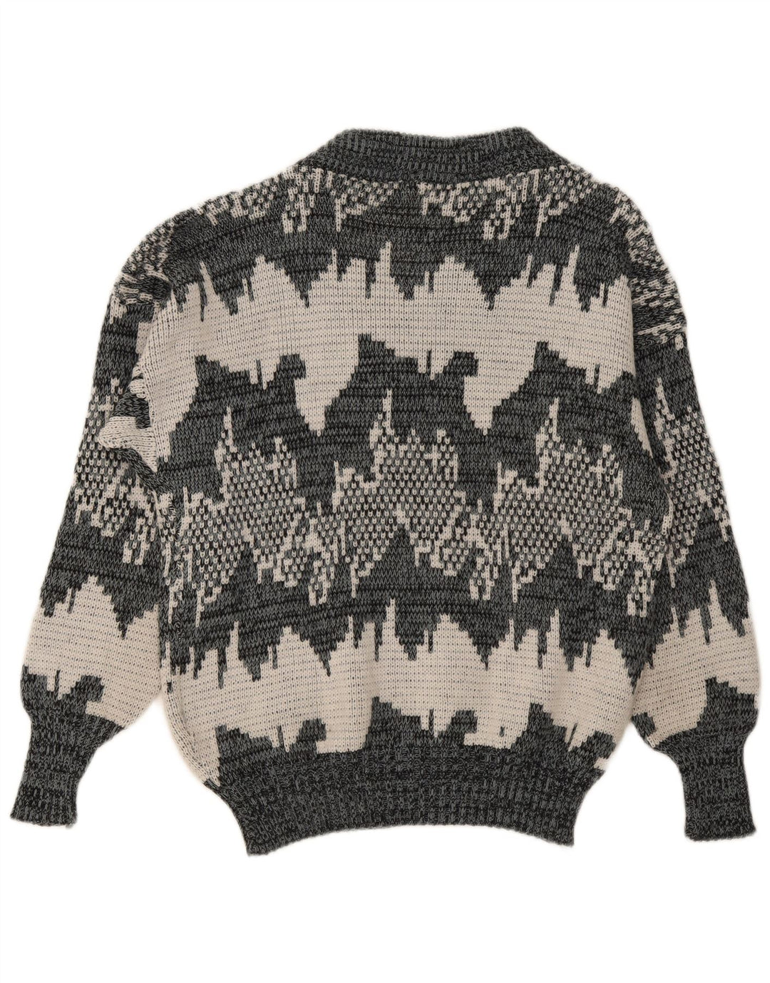Vintage Herren Pullover mit abstraktem Muster und V-Ausschnitt, mittelgrau, geometrisch
