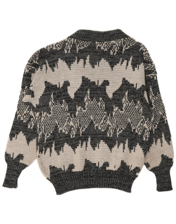 Vintage Herren Pullover mit abstraktem Muster und V-Ausschnitt, mittelgrau, geometrisch