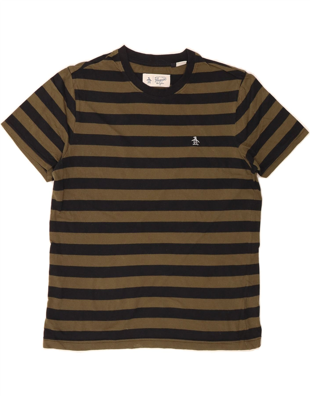 PENGUIN Mens T-Shirt Top Medium Khaki Striped Cotton Vintage Penguin and Second-Hand Penguin from Messina Hembry 